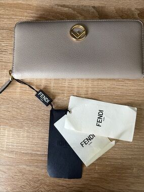 Fendi Beige Zip-Around Leather Wallet with Gold Logo